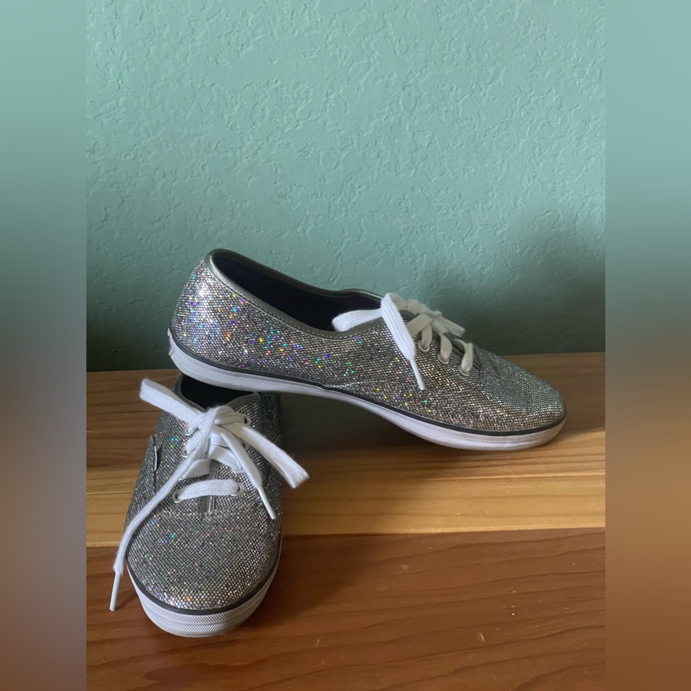 Bobs From Skechers Silver Glitter Lace Up Sneakers Keds Size 7-7.5